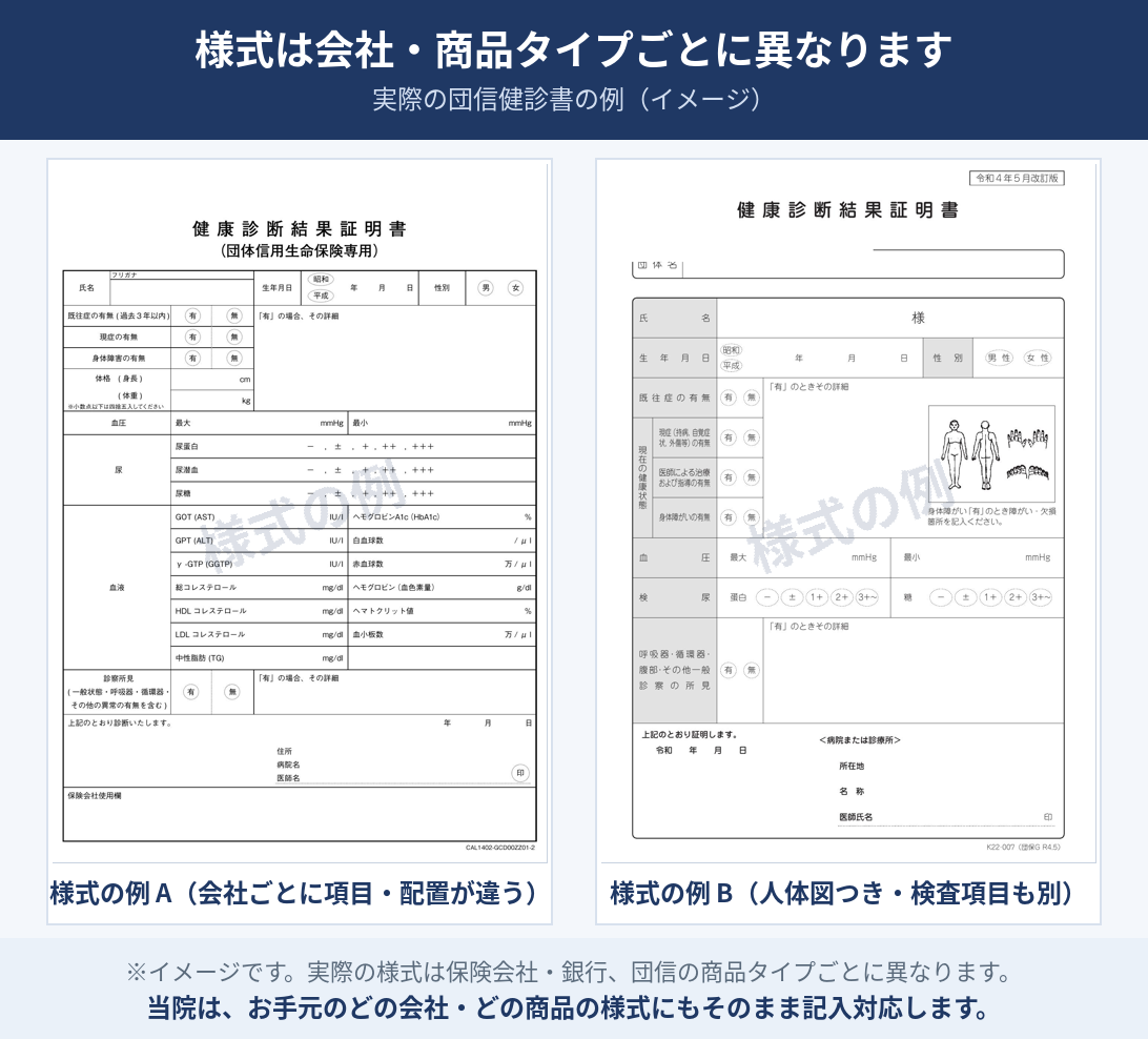 団信健康診断書の様式の例(保険会社・商品タイプごとに異なる2種類の実物例、社名マスキング済み)